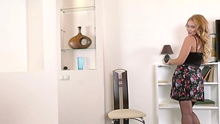 Hot blonde Nancy Acty in stockings and lingerie, teasing with her pussy