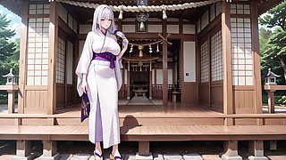 Silver-haired Miko Shrine Secrets! Half-unbuttoned White Kimono, Kneeling Poses and Intense Eye Contact.