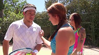 Redhead Slut's Tennis Practice with Friend Ends in Steamy Summer Threesome on Court with New Coach