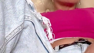 A Hot Cougar Pulls a Panties Aside and Stimulates Her Bald Cunt with Fingers Till Squirting