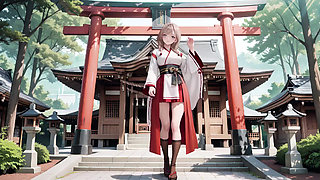 Red & White Miko! Forbidden Encounter at the Shrine, Golden Hair Trembling Under Sacred Robes, From Solemn Kneel to Blurry Gaze