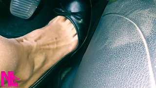 Revving and Driving in Black Leather Flats on Barefeet