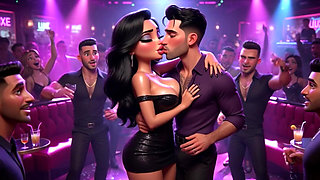 Beautiful Woman Enjoys Exciting Night at Vibrant Club Dancing Kissing Men and Becoming Fully Nude on All Fours