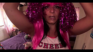 MILF Cheerleader Tease. Pink Uniform, Lollipop Play and Messy Bedroom Fantasy
