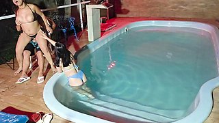 Caught in the act! Two brunettes get caught masturbating in the condo pool