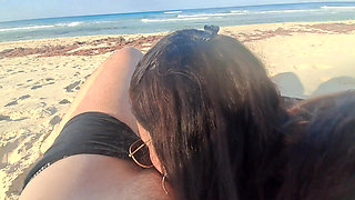MILF Sucks Cock and Swallows Cum on the Beach POV