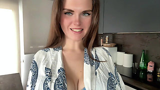 Busty Step Mother Seduces Step Son in the Kitchen, Shows Him Milky Tits and Masturbates Big Cock
