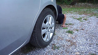 Femdom chick wants to punish him outdoor