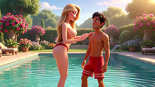 Elegant Blonde Boss Enjoys Pool with Young Gardener While Husband Away (ai Generated)