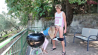 Distressed Stepaunt Seduces and Fucks Virgin Stepnephew to Convince Him to Help Her with the Bbq Before the Guests Arrive