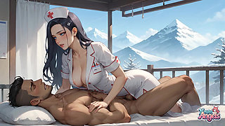 A Seductress Lies Sensually on Snow at a Japanese Shrine, Milk Spewing Out Down Her Body Against the Backdrop of Mount Fuji, Cherry Blossoms, and Torii Gates