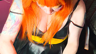 Redhead Tina Snua Smoking 2 Cigarettes At A Time Wearing A Leather Dress & Gloves