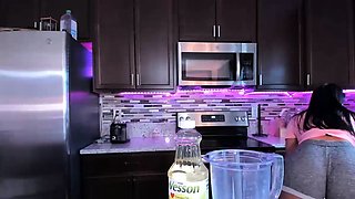 Amateur busty brunette masturbates and does hand job