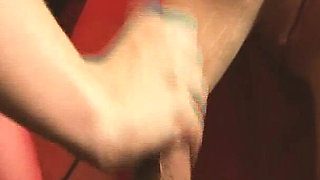 Sexual Group Scene-2_blonde and Brunette Busty MILFs Share a Leather-masked Man's Cock