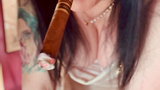 Cigar Smoking Tina Snua In Gold Satin Gloves & Rings - Smoker Smokes OME Drifting Smoke