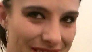 Brunette Bridgette Powell mouth fucks big cock for the first time