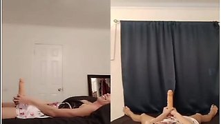 Split Screen- I Ride Her Big Dick Strap-on! She Fucks My Tight Ass Until I Cum Hard!!