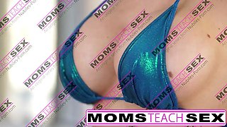 Young stud fucks blonde MILF and tiny daughter