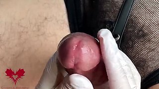 Amateur German Handjob with White Latex Gloves - Big Cock Close-Up & Squirting Sperm