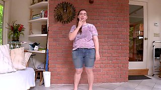 Brunette spreads cheeks for rimming and toy fun