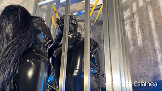 Caged Gimp in Bondage Bag Made to Cum in Chastity