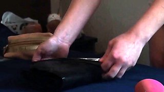 Redhead co-ed slowly strips to lingerie while cleaning her r