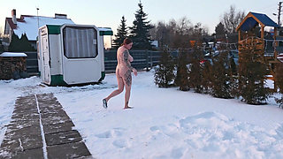 Femdom. Two Busty Women Piss Naked in the Snow, Then Make a Naked Guy Eat and Lick the Yellow Snow.