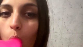 Hot daughter hides from her parents and Sucks a Dildo