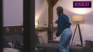 Busty Maid's First Day: Naked Man, Cock Washing with Blowjob