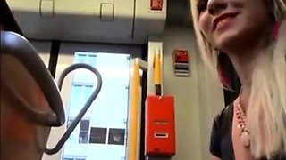 Nervous Boyfriend Receives a Bus Blowjob from His Blonde Gir