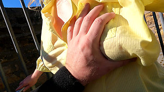 Spanking Her Naked Tits in Medieval Castle