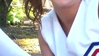 Cheerleader teen lesbians pleasuring each other in various positions outdoor