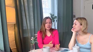 Sexy blondie with enormous mounds tastes her friend's