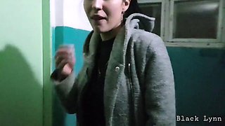 Brunette Wife Blows Neighbor in Stairwell