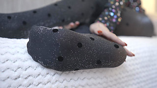 Mature Blonde MILF Teases with Glittery Stockinged Feet