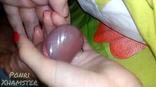 My stepsisters hand gets covered in precum and then thick cum