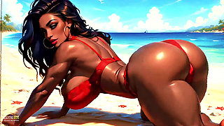4K 100% Ai Generated 3D Soft Looping Pmv: Dark-skinned Thick Ass Gentle Twerk on Tropical Beach in Sexy Bikinis