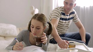 Teen Polina's tiny titties bounce on the bed in HD
