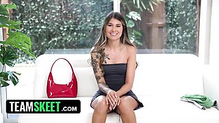 A nervous first timer answers interview questions, plays with a dildo and takes a facial