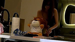 Hot and Horny Sexy Long Brunette Wife in Black Fishnet Stockings Takes Her Lace Panties off to Flash Pussy and Ass