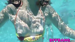Super-sexy chicks share a cock on a pool fest blowing and hardcore