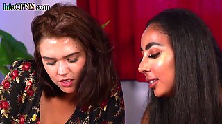 CFNM amateur porn femdom babes tugging penis in HJ threesome sex
