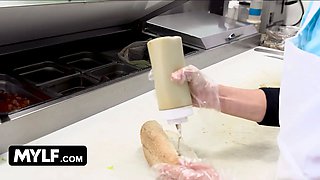 Mylf - big titted blondie milf Nina Elle whips her massive hooters out and makes teen stud cover them in jizz