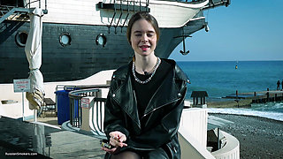 Young Russian Woman Smoking Cigarette Outdoor Terrace