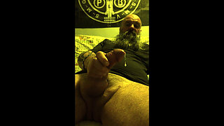 Stepdaddy Bear Jerking off Big Fat Cock Cumshot and Ball Bouncing