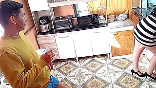 College guy sneaks in and pounds his stepmoms huge ass on the table