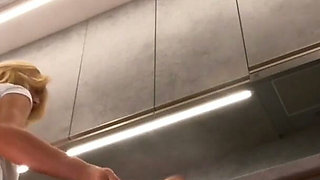 Thick Calves Braless Big Tits All Natural Blonde Wife in the Kitchen Showing Her Panties Under Her Miniskirt