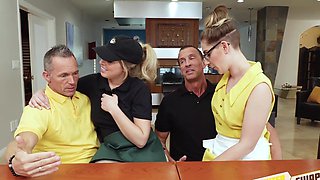 Hairy hunk Marcus bangs stunning Brunettes Zoey & Niki in passionate missionary