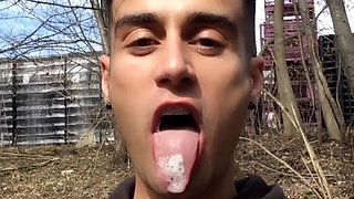 Chewing and Swallowing Own Cum Outdoor