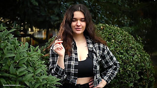 Sweet and Busty Russian Babe Smoking Cigarette in Nature